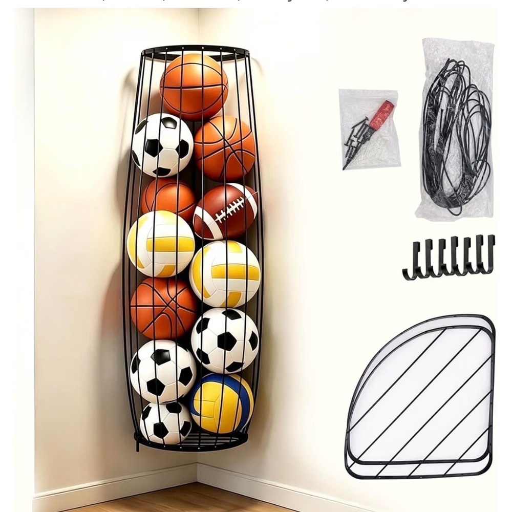 Wall Mounted Corner Sports Ball Storage Rack Black Metal Garage Organizer